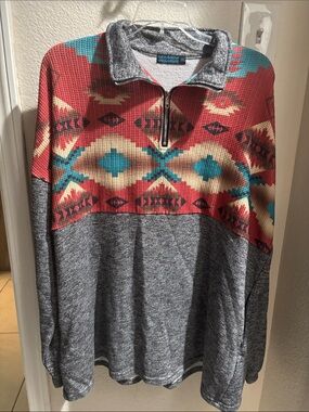 Ariat Men’s Red Aztec Zip-Up Pullover with Gray Heather Base with 2 pockets 3XL